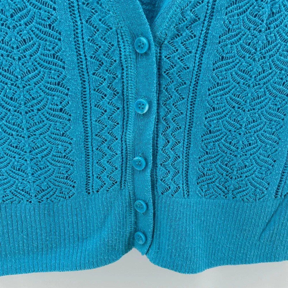 Bright Blue Open Knit Pointelle Button Front Cardigan Sweater 11/12 Transitional